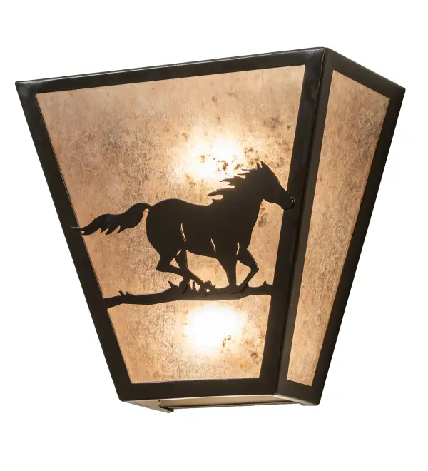 The material is Steel and Mica. The finish is Timeless Bronze. The diffuser is Silver Mica. Collection: Running Horses Finish: Timeless Bronze Glass: Silver Mica Width: 13.00" Height: 11.50" Length: 6.50" Weight: 4.50 lb Extension from Wall: 6.50" Number of Bulbs: 2 Maximum Wattage: 60.00 W Bulb Type: A19 Bulb Base: E26 Material: Steel Country of Origin: USA Safety Rating: Damp