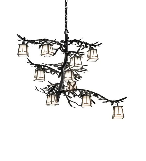Invite the natural charm of the American woodlands into your camp, lodge, home or business with this rustic chandelier. 10 White art glass lanterns offered in a stunning Arts & Crafts design adorn Pine Branch shaped arms which are accented with pine needles. This stunning elaborate chandelier is enhanced with a Textured Black finish. Overall height ranges from 38 to 67 inches as the chain can easily be adjusted in the field. Made to Order in our 180,000 sq ft manufacturing facility in Yorkville, NY at the foothills of the Adirondack Mountains in the US. Customize lantern colors, metal finish and fixture sizes. UL and cUL listed for dry and damp locations. Collection: Pine Branch Finish: Textured Black Glass: White Art Glass Width: 39.00" Height: 38.00" Length: 39.00" Weight: 26.00 lb Number of Bulbs: 10 Maximum Wattage: 60.00 W Bulb Type: T4 Bulb Base: G9 Light Source: Halogen Material: Steel Country of Origin: USA Safety Rating: Damp