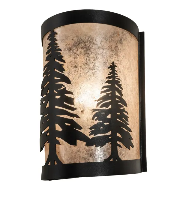 This curvaceous wall sconce features mesmerizing Tall Pine trees as the brilliant sun shines in the golden afternoon sky. The stunning wall fixture highlights a Silver Mica shade complemented with a Textured Black finish. Made to Order in our 180,000 square foot manufacturing facility in Yorkville, New York, located at the foothills of the breathtaking Adirondack Mountains. Diffuser colors, metal finishes and wall fixture sizes can be customized to your lighting needs. UL and cUL listed for dry and damp locations. Collection: Tall Pines Finish: Textured Black Glass: Silver Mica Width: 8.00" Height: 12.00" Length: 4.50" Weight: 2.50 lb Extension from Wall: 4.50" Number of Bulbs: 1 Maximum Wattage: 60.00 W Bulb Type: A19 Bulb Base: E26 Material: Steel Country of Origin: USA Safety Rating: Damp