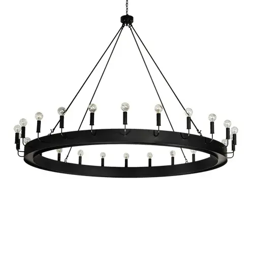 Updating an old world chandelier design of yore with a modern look and technology. Tulin is custom crafted with 24 round energy efficient LED lamps embraced on a sturdy Flat Black finished ring. This grand scaled fixture is ideal for illuminating entryways, ballrooms, lobbies and other residential, hospitality and commercial settings. Overall height ranges from 75 to 218 inches as the chain can be adjusted in the field. Made to Order in our 180,000 square foot manufacturing facility in Yorkville, NY. Customize lamping options, metal finishes and lamping options to your lighting needs. UL and cUL listed for dry and damp locations. Collection: Tulin Finish: Solar Black Glass: Black Metal Finish Width: 96.00" Height: 75.00" Length: 96.00" Weight: 135.00 lb Number of Bulbs: 24 Maximum Wattage: 4.50 W Bulb Type: G25 Bulb Base: E26 Light Source: LED Material: Steel Country of Origin: USA Safety Rating: Damp LED
