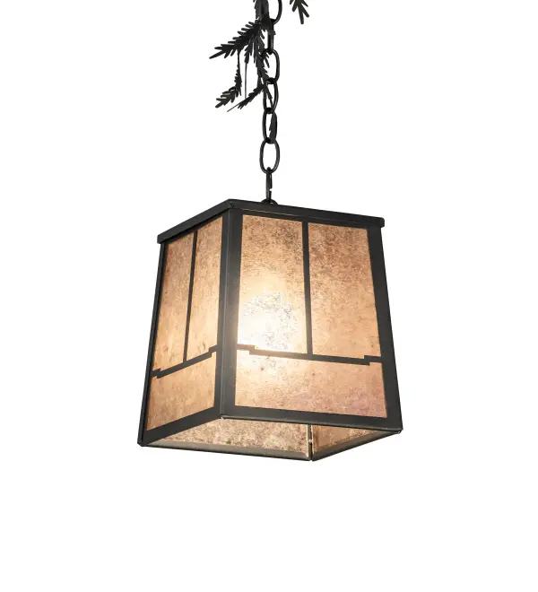 Invite the natural charm of the American woodlands into your camp, lodge, home or business with this rustic pendant. A Silver Mica shade offered in a stunning Arts & Crafts design embraces a chain accented with Pine Needle metal accents. This stunning pendant is enhanced with a Gunmetal Gray finish. Overall height ranges from 14 to 49 inches as the chain can easily be adjusted in the field. Made to Order in our 180,000 sq ft manufacturing facility in Yorkville, NY at the foothills of the Adirondack Mountains in the US. Customize lantern colors, metal finish and fixture sizes. UL and cUL listed for dry and damp locations. Collection: Pine Branch Finish: Gunmetal Gray Glass: Silver Mica Width: 11.00" Height: 14.00" Length: 8.00" Weight: 5.50 lb Number of Bulbs: 1 Maximum Wattage: 60.00 W Bulb Type: A19 Bulb Base: E26 Material: Steel Country of Origin: USA Safety Rating: Damp