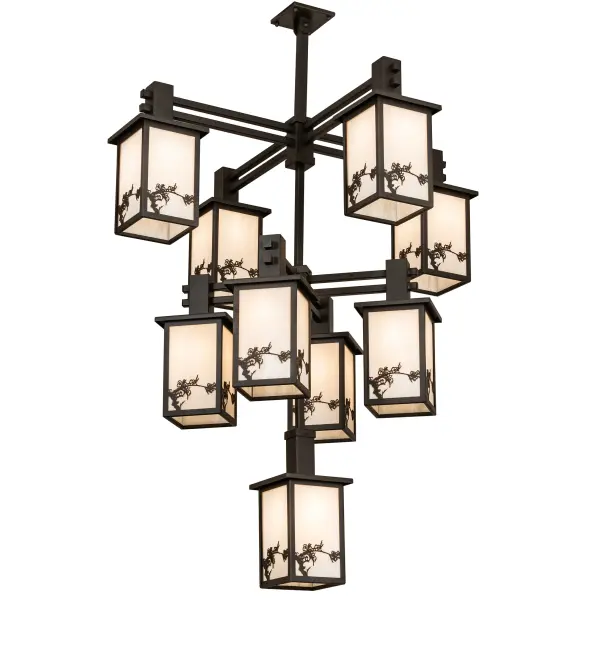 This impressive nature inspired chandelier is custom crafted with 9 Mission styled shades. Each lantern features delicate Apple Branches and Blossoms that accentuate stunning Fleshtone Idalight diffusers. The shades are complemented with an Oil Rubbed Bronze finish. Domestically Produced in the USA at our Yorkville; NY manufacturing facility. Our Build Your Own lighting series offers fully configurable combinations of lantern styles; functions; fixture sizes and profiles. UL and cUL listed for dry and damp locations.