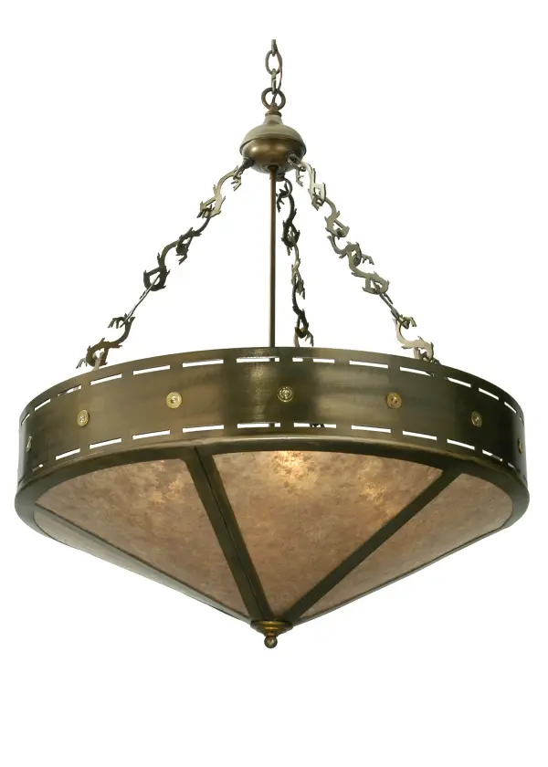 A shot gun shell accented band, suspended from hand crafted branch like chain links top Silver mica panels. This pendant fixture is finished in Timeless Bronze and is handcrafted in the USA by Meyda artisans. Collection: Craftsman Finish: Timeless Bronze Glass: Silver Mica Width: 30.00" Height: 40.50" Length: 30.00" Weight: 18.00 lb Number of Bulbs: 4 Maximum Wattage: 60.00 W Bulb Type: A19 Bulb Base: E26 Material: Steel Country of Origin: USA Safety Listing: Dry Safety Rating: Damp