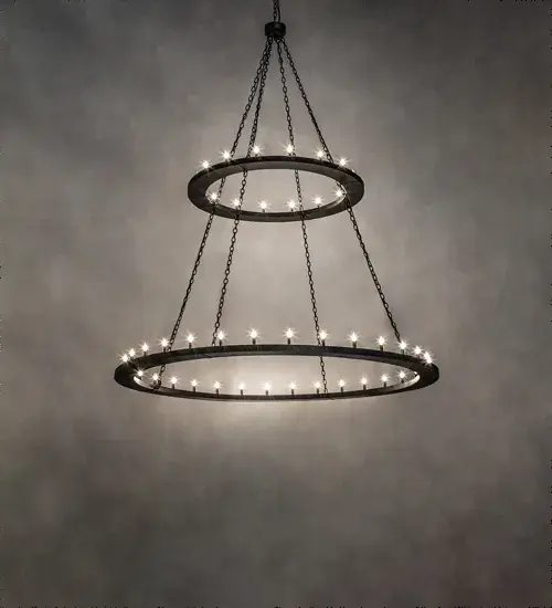 Blending an elegant style with a classic; distinguished look... Loxley is custom-crafted with 48 clear glass lamps on two sturdy rings featured in a Textured Black finish. The fixture is ideal for illuminating dining tables; conference tables; kitchen islands and counters. The overall height ranges from 103 to 222 inches as the chain length easily adjusts in the field to accommodate your specific lighting needs. The Loxley Chandelier is featured in our American-made; American-designed; handcrafted Traditional Lighting Collection. Manufactured in Yorkville; New York. UL and cUL listed for dry and damp locations.