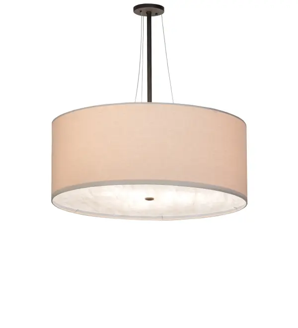 Designed for a sophisticated, refined look. The Cilindro Pendant features a Natural Textrene shade, complemented with an Angelwing Idalight bottom diffuser, and is enhanced with Oil Rubbed Bronze finished hardware. The luxurious pendant is ideal for illuminating dining rooms, living areas, and various residential, hospitality, and commercial spaces. The Cilindro Textrene Shade is included in our American-made, American-designed, handcrafted Transitional Lighting Collection. This fixture is manufactured in Yorkville, New York. The fixture is UL and cUL listed for dry and damp locations, however, we do not recommend installing it in spaces that experience excessive moisture due to the fabric shade. Collection: Cilindro Finish: Oil Rubbed Bronze Glass: Angelwing Idalight/Natural Textrene Width: 30.00" Height: 30.00" Length: 30.00" Weight: 10.00 lb Number of Bulbs: 3 Maximum Wattage: 12.00 W Bulb Type: A19 Bulb Base: E26 Light Source: LED Material: Steel Country of Origin: USA Safety Rating: Damp LED