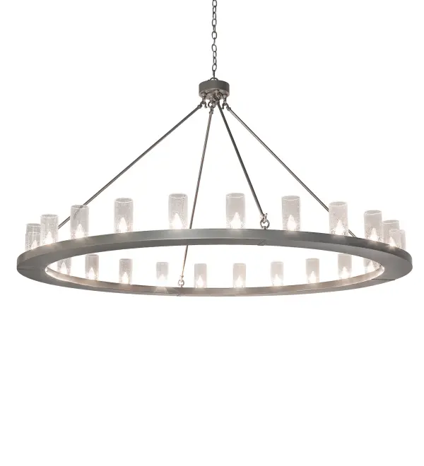 Blending an elegant style with a classic distinguished look... This massive Loxley Chandelier is custom crafted with 24 Clear Seeded Glass Cylindres on a sturdy ring which is featured in a Silver finish. Overall height ranges from 45 to 164 inches as the chain easily adjusts in the field. The fixture is ideal for illuminating dining tables, conference tables, entryways and other spaces. The Loxley Chandelier is featured in our American made, American designed, handcrafted Transitional Lighting Collection. Manufactured in Yorkville, New York. UL and cUL listed for dry and damp locations. Collection: Loxley Finish: Silver Glass: Clear Seeded Glass Width: 72.00" Height: 45.00" Length: 72.00" Weight: 90.00 lb Number of Bulbs: 24 Maximum Wattage: 40.00 W Bulb Type: B11 Bulb Base: E26 Material: Steel Country of Origin: USA Safety Rating: Damp