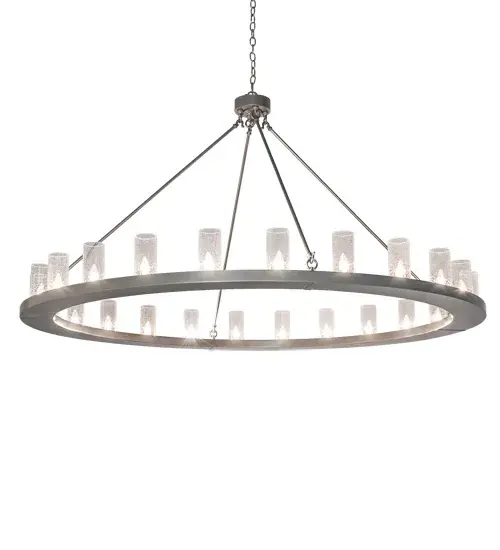 Blending an elegant style with a classic distinguished look... This massive Loxley Chandelier is custom crafted with 24 Clear Seeded Glass Cylindres on a sturdy ring which is featured in a Silver finish. Overall height ranges from 45 to 164 inches as the chain easily adjusts in the field. The fixture is ideal for illuminating dining tables, conference tables, entryways and other spaces. The Loxley Chandelier is featured in our American made, American designed, handcrafted Transitional Lighting Collection. Manufactured in Yorkville, New York. UL and cUL listed for dry and damp locations. Collection: Loxley Finish: Silver Glass: Clear Seeded Glass Width: 72.00" Height: 45.00" Length: 72.00" Weight: 90.00 lb Number of Bulbs: 24 Maximum Wattage: 40.00 W Bulb Type: B11 Bulb Base: E26 Material: Steel Country of Origin: USA Safety Rating: Damp - alternate view