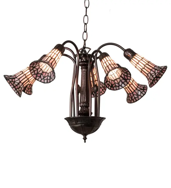 One of the most popular Louis Comfort Tiffany styled fixtures on the market. This chandelier re-creates his famous Favrile design from the early 1900s. This exquisite chandelier offers an attractive, delicate design featuring seven shades created with the famous Meyda Tiffany copperfoil construction. Pink and White Lily shades are suspended from stems delicately winding above a Lily pad base finished in Mahogany Bronze. Overall height ranges from 19 to 57 inches as the chain length can be easily adjusted in the field. UL and cUL listed for damp and dry locations. Each shade is a unique work of art with color variations based on natural ingredients inherent in the glass. Contact us if color matching is critical when ordering multiple items. Collection: Stained Glass Pond Lily Finish: Mahogany Bronze Glass: Pink Width: 25.50" Height: 19.00" Length: 25.50" Weight: 8.50 lb Number of Bulbs: 7 Maximum Wattage: 25.00 W Bulb Type: BA9 Bulb Base: E12 Material: Zinc/Steel Country of Origin: CHINA Safety Rating: Damp