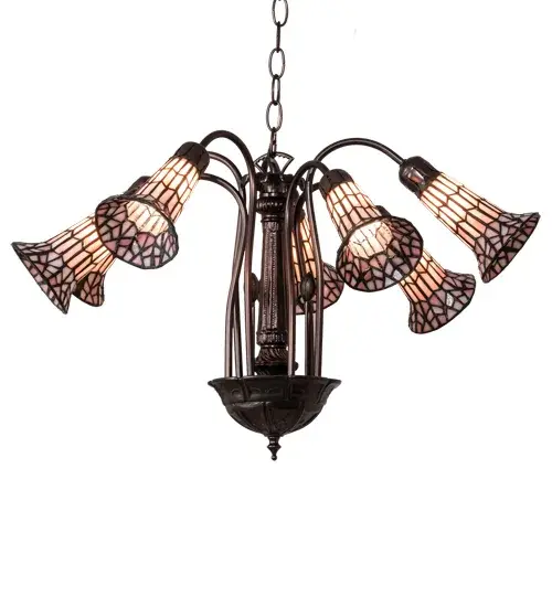 One of the most popular Louis Comfort Tiffany styled fixtures on the market. This chandelier re-creates his famous Favrile design from the early 1900s. This exquisite chandelier offers an attractive, delicate design featuring seven shades created with the famous Meyda Tiffany copperfoil construction. Pink and White Lily shades are suspended from stems delicately winding above a Lily pad base finished in Mahogany Bronze. Overall height ranges from 19 to 57 inches as the chain length can be easily adjusted in the field. UL and cUL listed for damp and dry locations. Each shade is a unique work of art with color variations based on natural ingredients inherent in the glass. Contact us if color matching is critical when ordering multiple items. Collection: Stained Glass Pond Lily Finish: Mahogany Bronze Glass: Pink Width: 25.50" Height: 19.00" Length: 25.50" Weight: 8.50 lb Number of Bulbs: 7 Maximum Wattage: 25.00 W Bulb Type: BA9 Bulb Base: E12 Material: Zinc/Steel Country of Origin: CHINA Safety Rating: Damp - alternate view