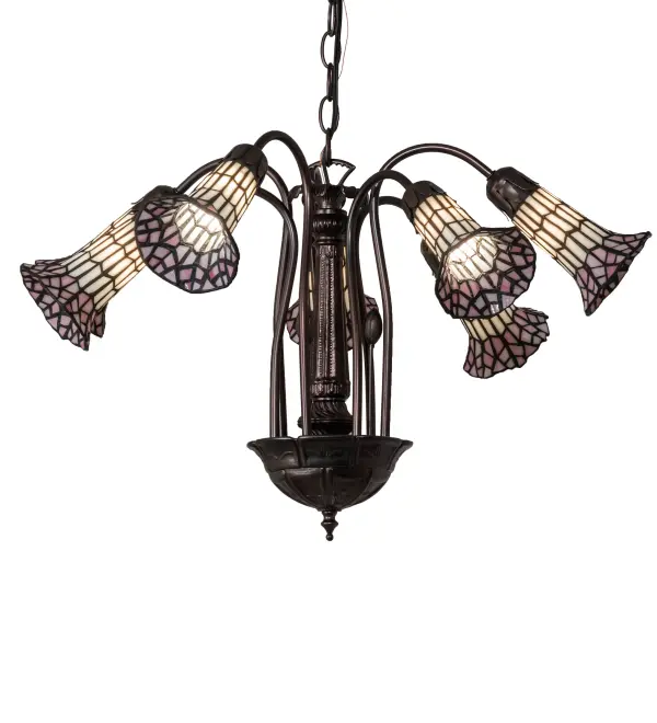One of the most popular Louis Comfort Tiffany styled lamps on the market today, recreating his famous Favrile design from the early 1900's. This Pink and White Tiffany Pond Lily Chandelier offers an attractive, delicate design featuring seven art glass shades created with the famous Meyda Tiffany copperfoil construction. Lily art glass shades are suspended from stems delicately winding above a Lily pad hub finished by hand in Mahogany Bronze. The overall height ranges from 19 to 57 inches as the chain length can be easily adjusted in the field. UL and cUL listed for damp and dry locations. Collection: Stained Glass Pond Lily Finish: Mahogany Bronze Glass: Pink/White Width: 24.00" Height: 19.00" Length: 24.00" Weight: 8.50 lb Number of Bulbs: 7 Maximum Wattage: 25.00 W Bulb Type: BA9 Bulb Base: E12 Material: Zinc/Steel Country of Origin: CHINA Safety Rating: Damp
