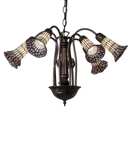 One of the most popular Louis Comfort Tiffany styled lamps on the market today, recreating his famous Favrile design from the early 1900's. This Pink and White Tiffany Pond Lily Chandelier offers an attractive, delicate design featuring seven art glass shades created with the famous Meyda Tiffany copperfoil construction. Lily art glass shades are suspended from stems delicately winding above a Lily pad hub finished by hand in Mahogany Bronze. The overall height ranges from 19 to 57 inches as the chain length can be easily adjusted in the field. UL and cUL listed for damp and dry locations. Collection: Stained Glass Pond Lily Finish: Mahogany Bronze Glass: Pink/White Width: 24.00" Height: 19.00" Length: 24.00" Weight: 8.50 lb Number of Bulbs: 7 Maximum Wattage: 25.00 W Bulb Type: BA9 Bulb Base: E12 Material: Zinc/Steel Country of Origin: CHINA Safety Rating: Damp - alternate view
