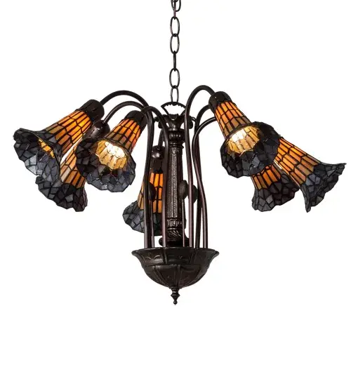 One of the most popular Louis Comfort Tiffany style chandeliers. This fixture re-creates his famous design from the early 1900s. The Pond Lily offers an attractive, delicate design featuring 7 art glass shades created with the famous Meyda Tiffany copperfoil construction. Lily shades featuring Honey Wispy and Purple art glass are suspended from stems delicately winding above a Lily pad hub finished in Mahogany Bronze. Overall height ranges from 19 to 57 inches as the chain length can be easily adjusted in the field. UL and cUL listed for damp and dry locations. Each shade is a unique work of art with color variations based on natural ingredients inherent in the glass. Contact us if color matching is critical when ordering multiple items. Collection: Stained Glass Pond Lily Finish: Mahogany Bronze Glass: Honey Wispy & Purple Width: 25.50" Height: 19.00" Length: 25.50" Weight: 12.00 lb Number of Bulbs: 7 Maximum Wattage: 25.00 W Bulb Type: BA9 Bulb Base: E12 Material: Zinc/Steel Country of Origin: CHINA Safety Rating: Damp - alternate view