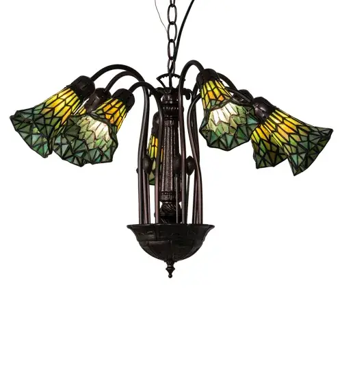 One of the most popular Louis Comfort Tiffany styled fixtures on the market today. This exquisite chandelier re-creates his famous Favrile design from the early 1900s. This Pond Lily Chandelier offers an attractive, delicate design featuring seven shades created using the famous Meyda Tiffany copperfoil construction. Green Lily shades are suspended from stems delicately winding above a Lily pad base finished by hand in Mahogany Bronze. The overall height ranges from 19 to 57 inches as the chain length can be easily adjusted in the field. UL and cUL listed for damp and dry locations. Collection: Stained Glass Pond Lily Finish: Mahogany Bronze Glass: Green Stained Glass Width: 24.00" Height: 19.00" Length: 24.00" Weight: 8.50 lb Number of Bulbs: 7 Maximum Wattage: 25.00 W Bulb Type: BA9 Bulb Base: E12 Material: Zinc/Steel Country of Origin: CHINA Safety Rating: Damp - alternate view