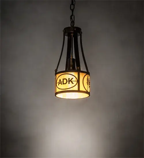 A stunning ceiling pendant personalized with the Adirondack Bank ADK logo and Tall Pine Trees graphics. Soft ambient light is diffused beautifully through the Ambra Siena Idalight lens; which is enhanced with a matching bottom diffuser. The fixture is complemented with a Light Burnished Antique Copper metal finish. The overall height ranges from 23 to 33 inches as the chain easily adjusts in the field to meet your lighting requirements. The Personalized Adirondack Bank Pendant is included in our American-made; American-designed; handcrafted Personalized Lighting Collection and manufactured in Yorkville; New York. UL and cUL are listed for dry and damp locations. This specific pendant can be ordered; and we will coordinate the custom logo with you to suit your project. Call for pricing and lead time.