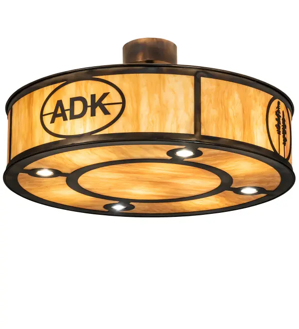 A stunning ceiling pendant personalized with the Adirondack Bank ADK logo and Tall Pine Trees graphics. Soft ambient light is diffused beautifully through the Ambra Siena Idalight lens; which is enhanced with a matching bottom diffuser. The fixture is complemented with a Light Burnished Antique Copper metal finish. Two circuits accommodate eight inner lamps that bring out the beauty of the Idalight; and four downlights deliver task illumination on surfaces below. The downlight and inner lights benefit from two separate circuits that give you precise dimming control over both layers of light to create the perfect ambiance in the space. The Personalized Adirondack Bank Pendant is included in our American-made; American-designed; handcrafted Personalized Lighting Collection and manufactured in Yorkville; New York. UL and cUL are listed for dry and damp locations. This specific pendant can be ordered; and we will coordinate the custom logo with you to suit your project. Call for pricing and lead time. We thank Adirondack Bank and its team for choosing Meyda as their local source for decorative lighting. Like Adirondack Bank; Meyda offers consistent local and personalized service and products and is deeply committed to the surrounding communities. And we; too; provide unparalleled products and services that set us apart in the industry.