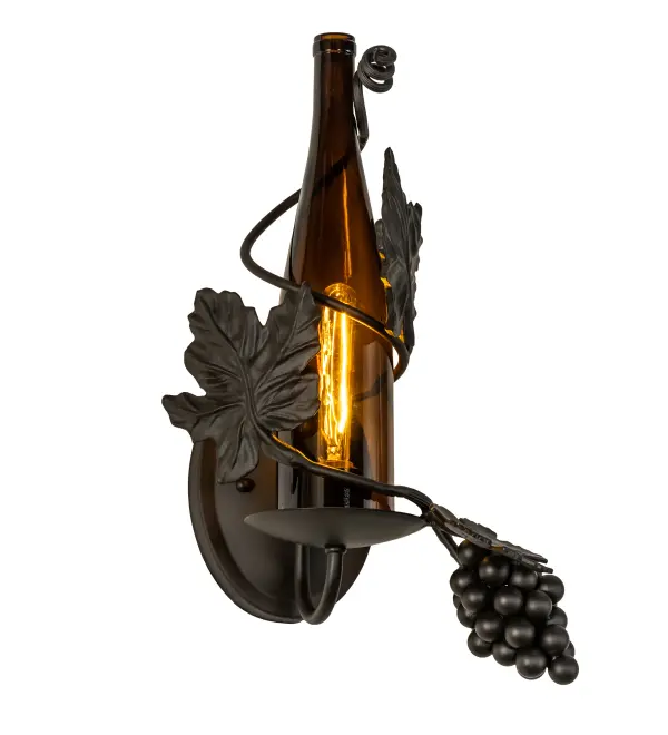 Capture the mood with authentic wine bottle lighting. This wall fixture does so much more than deliver light, it adds personality and pizazz to any interior, and connoisseurs will appreciate its fine detail and charm. Hand-forged vine, sculpted metal grapes, and leaf coil are hand-finished in Oil Rubbed Bronze and designed around the neck of this stunning Amber Glass wine bottle, which illuminates beautifully. This wall fixture is perfect for homes, restaurants, hotels, pubs, nightclubs, wineries, and retailers. This fixture is complemented with the matching Tuscan Vineyard Wine Bottle Left Wall Sconce, model 280006. The rich-looking Tuscan Vineyard Wine Bottle Right Wall Sconce is included in our American-made, American-designed, handcrafted Wine Bottle Lighting Collection. The fixture is manufactured in Yorkville, New York. UL and cUL listed for dry and damp locations. Take your finest bottle of wine, and Meyda will transform it into an everlasting personalized light fixture. Contact us for more information on custom wine bottle lighting fixtures and lamps. You can also create custom lighting with beer bottles, mason jars, milk bottles, and other glass containers and vessels by contacting us! Collection: Tuscan Vineyard Finish: Oil Rubbed Bronze Glass: Amber Wine Bottle Width: 9.50" Height: 16.50" Length: 9.50" Weight: 6.00 lb Extension from Wall: 9.50" Number of Bulbs: 1 Maximum Wattage: 40.00 W Bulb Type: T6.5 Bulb Base: E17 Material: Steel Country of Origin: USA Safety Rating: Damp