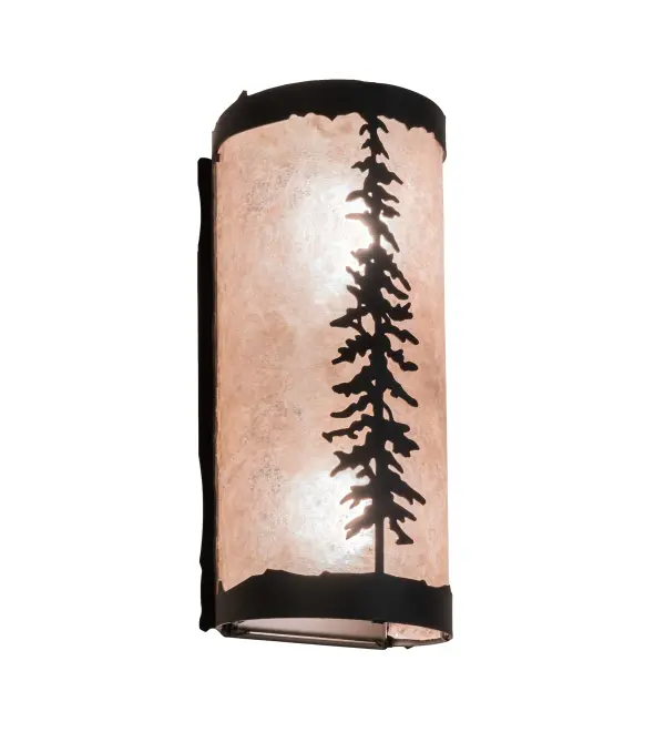 A stunning nature inspired design of Tall Pine trees is depicted as the mid-morning sun shines over the American woodlands. Soft ambient light is diffused upward and downward beautifully through a stunning Silver Mica lens which is complemented with an Oil Rubbed Bronze finish. The curvaceous Tall Pines Wall Sconce is Domestically Produced in our 180,000 sq ft manufacturing facility in Yorkville, NY. Customize shade styles, fixture sizes and metal finishes to your preferences. UL and cUL listed for damp and dry locations. Collection: Tall Pines Finish: Oil Rubbed Bronze Glass: Silver Mica Width: 5.00" Height: 12.00" Length: 4.25" Weight: 2.00 lb Extension from Wall: 4.25" Number of Bulbs: 2 Maximum Wattage: 60.00 W Bulb Type: A19 Bulb Base: E26 Material: Steel Country of Origin: USA Safety Rating: Damp