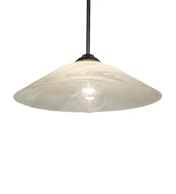 Cool and contemporary. With the brushstroke artistry of a fine painter; the Metro Pendant features Blanco Swirl art glass in a dome shaped profile. The fixture is enhanced with Brass hardware finished in Craftsman Brown. Made to Order in our 180;000 square foot manufacturing facility in Yorkville; New York. Shade colors; metal finishes and pendant sizes can be customized to your needs. UL and cUL listed for dry and damp locations.