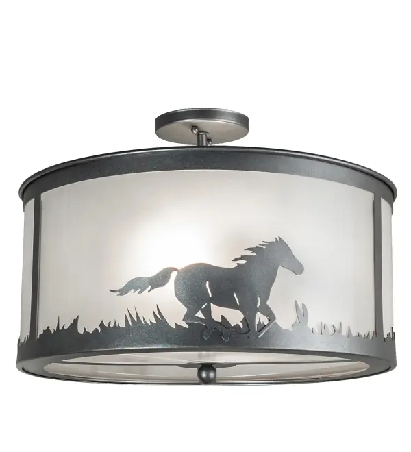 Wild Horses gallop across the field as the warm morning sun rises in the background. Beautiful ambient lighting is projected through a stunning Contrail Mist Idalight shade which is enhanced with a matching bottom diffuser and metal ballpoint accent. The fixture is enhanced with a Blackened Pewter finish. The Running Horses Semi-Flushmount is Domestically Produced in our 180;000 square foot manufacturing facility in Yorkville; NY. Customize shade styles; metal finishes and fixture sizes to suit your taste. UL and cUL listed for dry and damp locations.