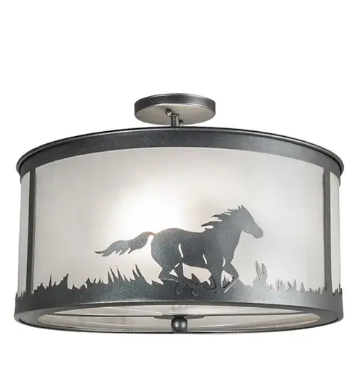 Wild Horses gallop across the field as the warm morning sun rises in the background. Beautiful ambient lighting is projected through a stunning Contrail Mist Idalight shade which is enhanced with a matching bottom diffuser and metal ballpoint accent. The fixture is enhanced with a Blackened Pewter finish. The Running Horses Semi-Flushmount is Domestically Produced in our 180;000 square foot manufacturing facility in Yorkville; NY. Customize shade styles; metal finishes and fixture sizes to suit your taste. UL and cUL listed for dry and damp locations. - alternate view