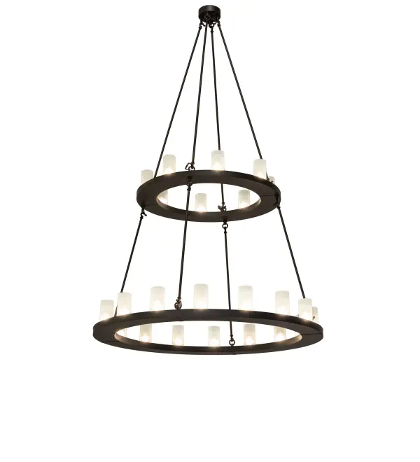 Blending an elegant style with a classic distinguished look... Loxley is custom crafted with 24 Clear Frosted Glass Cylindres on two sturdy rings which are featured in an Oil Rubbed Bronze finish. The fixture is ideal for illuminating conference tables, lobbies, reception areas and other spaces. The Loxley Chandelier is featured in our American made, American designed, handcrafted Transitional Lighting Collection. Manufactured in Yorkville, New York. UL and cUL listed for dry and damp locations. Collection: Loxley Finish: Oil Rubbed Bronze Glass: Clear Frosted Glass Width: 54.00" Height: 94.00" Length: 54.00" Weight: 100.00 lb Number of Bulbs: 24 Maximum Wattage: 40.00 W Bulb Type: B11 Bulb Base: E26 Material: Steel Country of Origin: USA Safety Rating: Damp