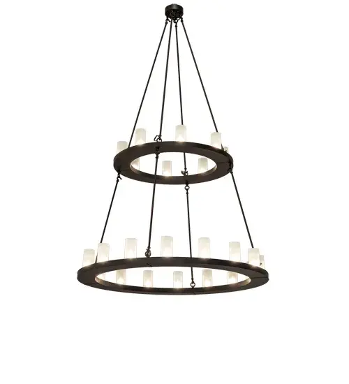 Blending an elegant style with a classic distinguished look... Loxley is custom crafted with 24 Clear Frosted Glass Cylindres on two sturdy rings which are featured in an Oil Rubbed Bronze finish. The fixture is ideal for illuminating conference tables, lobbies, reception areas and other spaces. The Loxley Chandelier is featured in our American made, American designed, handcrafted Transitional Lighting Collection. Manufactured in Yorkville, New York. UL and cUL listed for dry and damp locations. Collection: Loxley Finish: Oil Rubbed Bronze Glass: Clear Frosted Glass Width: 54.00" Height: 94.00" Length: 54.00" Weight: 100.00 lb Number of Bulbs: 24 Maximum Wattage: 40.00 W Bulb Type: B11 Bulb Base: E26 Material: Steel Country of Origin: USA Safety Rating: Damp - alternate view