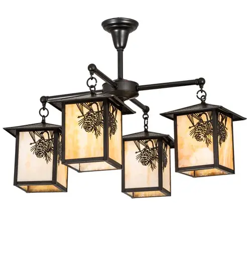 A Winter Pinecone with Pine Needles delicately etched of Solid Brass. Rustic charm comes alive with soft ambient light projected through four stunning four Beige Art Glass lanterns. This elaborate Nature Inspired chandelier is complemented with Craftsman Brown finished hardware. The Seneca Winter Pine Chandelier is domestically produced in our 180;000 square foot manufacturing facility in Yorkville; New York. Lantern colors; metal finishes and fixture sizes can be customized to your needs. UL and cUL listed for dry and damp locations. - alternate view