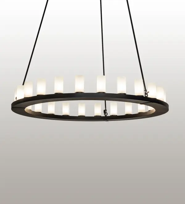 Blending an elegant style with a classic, distinguished look... This massive Loxley chandelier is custom-crafted with 21 Frosted Clear Glass Cylindres. These illuminating elements are perched on a sturdy ring, which is enhanced with a Textured Black finish. The luxurious, custom-crafted fixture is ideal for illuminating ballrooms, dining areas, lobbies, entryways, and other residential, hospitality, and commercial spaces. The Loxley 21 Light Chandelier is included in our American-made, American-designed, handcrafted Loxley Lighting Collection. This fixture is manufactured in Yorkville, New York, and is UL and cUL listed for use in dry and damp locations. The Loxley Collection features various chandeliers, pendants, and wall sconces designed with sturdy rings accented with faux candlelights or cylindrical elements. Any of these fixtures make great statement pieces for large spaces and can be customized with your choice of size, finish, and lamping. Collection: Loxley Finish: Textured Black Glass: Frosted Clear Glass Width: 60.00" Height: 120.00" Length: 60.00" Weight: 95.00 lb Number of Bulbs: 21 Maximum Wattage: 60.00 W Bulb Type: BA10 Bulb Base: E12 Material: Steel Country of Origin: USA Safety Rating: Damp