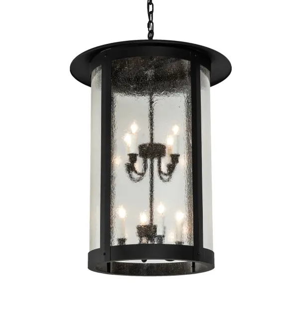 This stunning Craftsman Signature lantern features a Clear Seeded Glass lens enhanced with a Solar Black finish. Display this pendant above tables and islands to illuminate the interiors of timber homes, modern farmhouses, and other spaces. The overall height ranges from 47 to 82 inches, as the chain can be easily adjusted on location to meet your lighting requirements. The Fulton Hanging Lantern Pendant is included in our American-made, American-designed, handcrafted Craftsman Signature Series, which is manufactured in Yorkville, New York. UL and cUL listed for dry, damp, and wet locations. Our Build Your Own Craftsman Signature Series features unlimited combinations of styles. The collection is called Build Your Own because it is fully configurable and customizable from size and design to finish and lens color. Marine grade, solid brass, or copper raw materials are utilized to ensure items from the Craftsman Signature Series of outdoor and indoor lighting will stand the test of time, as these premium metals are impervious to most types of oxidation. Hand-applied Patina finishes on brass and copper are sealed with a clear varnish and over time, may require gentle maintenance, such as wax, to delay or reverse the natural living finish attributes indicative of this finishing process. Patina finishes on brass and copper provide strong resistance to fading from sun exposure, will not chip or crack, and will not rust like a steel-framed item in the same conditions. Choose from many style options, or send us your concept today! Call today to learn how to use the configuration tool available on our website for an instant item number! Collection: Fulton Finish: Solar Black Glass: Clear Seeded Width: 24.00" Height: 47.00" Length: 24.00" Weight: 38.00 lb Number of Bulbs: 8 Maximum Wattage: 60.00 W Bulb Type: BA9 Bulb Base: E12 Material: Brass Country of Origin: USA Safety Rating: Wet