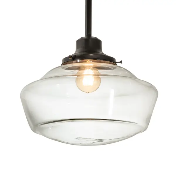 The Revival Schoolhouse pendant reflects an authentic classic design. The perfectly formed shade features a Clear Glass profile which is complemented with a Craftsman Brown finish. Originally used in private residences, schools, galleries and libraries, this Schoolhouse electrical pendant is stem hung and will illuminate a broad range of interiors today. Made to Order in our 180,000 square foot manufacturing facility in Yorkville, New York. Diffuser colors, metal finishes and fixture sizes can be customized to your needs. UL and cUL listed for dry and damp locations. Collection: Revival Finish: Craftsman Brown Glass: Clear Glass Width: 16.00" Height: 42.00" Length: 16.00" Weight: 6.50 lb Number of Bulbs: 1 Maximum Wattage: 60.00 W Bulb Type: A19 Bulb Base: E26 Material: Brass Country of Origin: CHINA Safety Rating: Damp