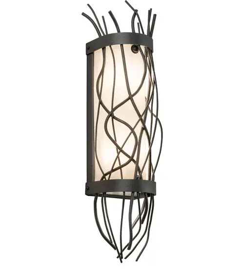 Twigs and branches in a Gunmetal finish appear to grow around this cylindrically shaped wall sconce. The Rama fixture features a stunning White Glass Lens for beautiful ambient illumination. The Rama Wall Sconce is Domestically Produced in our 180,000 square foot manufacturing facility in Yorkville, NY, in the foothills of the breathtaking Adirondack Mountains. Custom sizes, metal finishes and diffuser colors available. UL and cUL listed for dry and damp locations. Collection: Rama Finish: White Glass: Gunmetal Gray Width: 5.50" Height: 21.75" Length: 5.00" Weight: 6.00 lb Extension from Wall: 5.00" Number of Bulbs: 2 Maximum Wattage: 60.00 W Bulb Type: A19 Bulb Base: E26 Material: Steel Country of Origin: USA Safety Rating: Damp