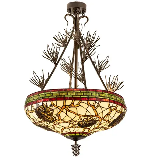 This stunning lighting design features the iconic Pinecone which represents natural elegance and the evolution of human enlightenment. Burgundy and Leaf Green bands edge this woodland art glass shade that highlights Bark Brown Wispy Pinecones and Pine Branches on a Golden Sun background. Burgundy and Green/Brown bands round out this fixture. Antique Copper finished hardware is enhanced with Pine Needle metal accents and finial. The shade is created using the famous Meyda Tiffany copperfoil construction process. UL and cUL listed for damp and dry locations. Each shade is a unique work of art with color variations based on natural ingredients inherent in the glass. Contact us if color matching is critical when ordering multiple items. - alternate view