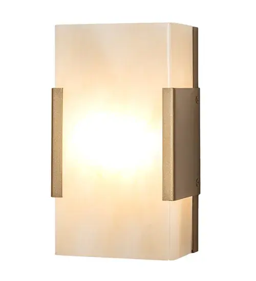 Rendering a stunning transitional look. This handsome lighting design features a Sahara Taupe Idalight lens embraced by a Golden Metallic finished frame. The Quadrato Vicio Wall Sconce is included in our American-made; American-designed; handcrafted Transitional Lighting Collection. Manufactured in Yorkville; NY. UL and cUL listed for dry and damp locations. - alternate view