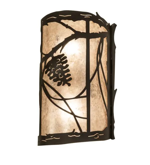 Listen closely. You can almost hear the soft whisper of the Pine Branches as they dance in the wind. Enjoy the ambiance of soft beautiful light diffused through the Silver Mica lens featuring stunning Pinecone and Pine Branch designs. The fixture is hand finished in a handsome Oil Rubbed Bronze. The Whispering Pines Wall fixture is Domestically Produced in the USA at our Yorkville, NY manufacturing facility. It pairs with 238003, Whispering Pines Right Sconce. Shade colors, metal finishes and fixtures sizes can be customized to your taste. UL and cUL listed for dry and damp locations. Collection: Whispering Pines Finish: Oil Rubbed Bronze Glass: Silver Mica Width: 8.00" Height: 13.00" Length: 4.50" Weight: 3.00 lb Number of Bulbs: 2 Maximum Wattage: 60.00 W Bulb Type: A19 Bulb Base: E26 Material: Steel Country of Origin: USA Safety Rating: Damp