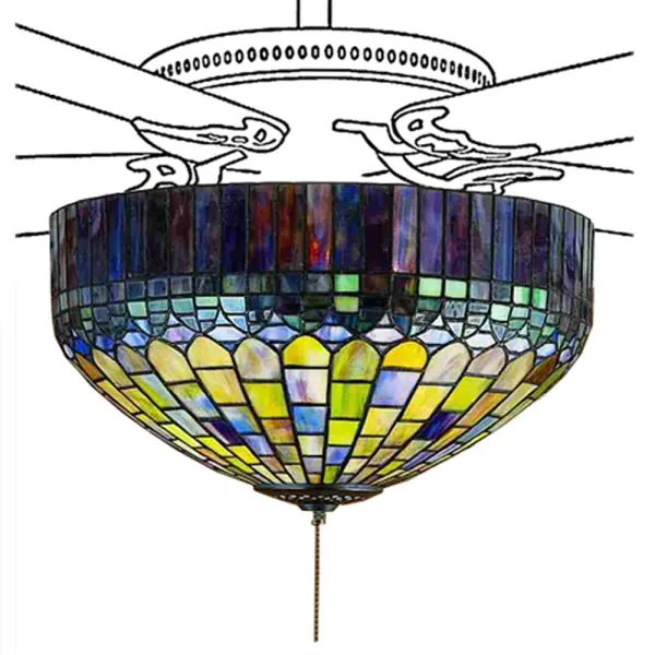 In the early 20th century; Tiffany Studios used artful mastery to develop the look of woven fabric with a fringed skirt out of glass. Meyda Tiffany is able to configure this timeless reproduction into a stunning fan light fixture. The shade features Multi-hued Plum fringe with a dome brickwork that reveals Emerald; Cobalt; Heather; Xanadu; Azure and Saffron art glass. The art glass shade is created using the famous Meyda Tiffany copperfoil construction process. The overall height of this fixture ranges from 8.5 to 10 inches as the stem length can be adjusted in the field. Fan not included.