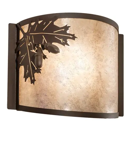 Acorn and Oak leaves accent this nature inspired wall sconce. The fixture is finished in Rust, has Silver mica panels, and is handcrafted in the USA by Meyda artisans. Collection: Oak Leaf & Acorn Finish: Rust Glass: Silver Mica Width: 12.00" Height: 9.00" Length: 5.00" Weight: 4.00 lb Extension from Wall: 5.00" Number of Bulbs: 1 Maximum Wattage: 60.00 W Bulb Type: A19 Bulb Base: E26 Material: Steel Country of Origin: USA Safety Listing: Damp Safety Rating: Damp - alternate view