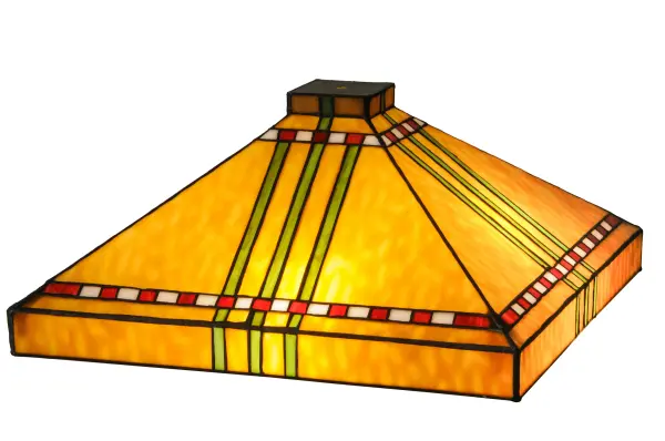 With a love of geometric forms; this lighting design interprets organic objects into simplified lines. The Prairie Corn shade features rows of Chili Red and Wheat kernels and stalks of Bronzed Jade against a Maize Gold background. The art glass shade is created using the famous Meyda Tiffany copperfoil construction and pairs well with a base for a table or floor lamp; and with hardware to create a handsome wall or ceiling fixture. The Prairie Corn Shade is featured in our American designed handcrafted Mission Lighting Collection. Each shade is a unique work of art with color variations based on natural ingredients inherent in the glass. Contact us if color matching is critical when ordering multiple items.