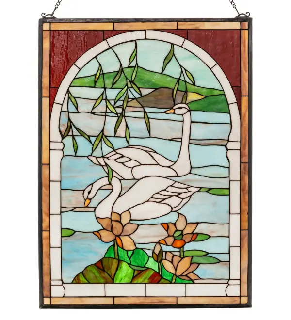 Graceful Pearl White swans float on placid Azure waters in this charming arched pond and landscape scene. This window is handcrafted utilizing the copperfoil construction process and 254 pieces of stained art glass encased in a solid brass frame. Mounting bracket and jack chain included. Collection: Swans Finish: Darkened Brass Glass: Stained Glass Width: 22.00" Height: 30.00" Length: 22.00" Weight: 9.00 lb Number of Bulbs: 6 Bulb Base: Medium Material: Brass Country of Origin: CHINA Safety Listing: Dry Safety Rating: Damp