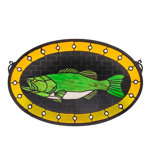 Capturing a sportsman's dream; this striking game fish is featured in Mountain Lake Green art glass on a Black background. Handcrafted by skillful Meyda artisans using Tiffany's world-famous copperfoil construction process.