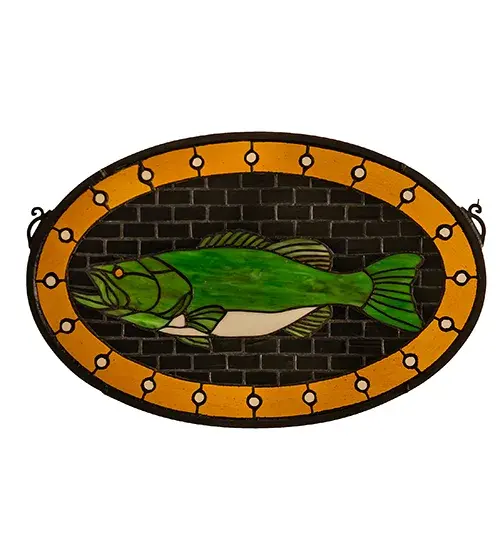 Capturing a sportsman's dream; this striking game fish is featured in Mountain Lake Green art glass on a Black background. Handcrafted by skillful Meyda artisans using Tiffany's world-famous copperfoil construction process. - alternate view