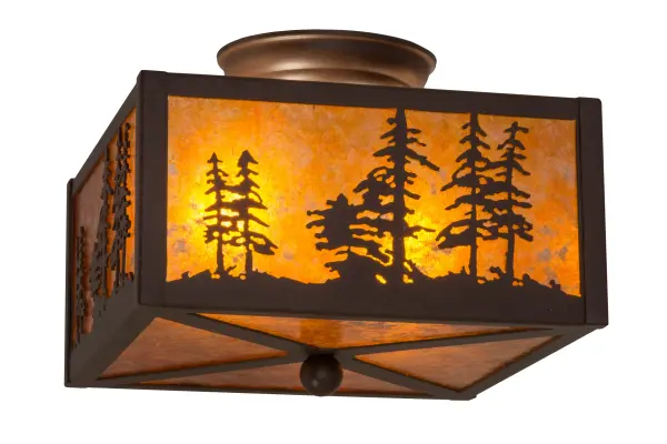 A stand of Tall Pines accent this nature inspired flushmount. The rustic ceiling fixture is finished in Cafe Noir and has Amber mica panels. Handcrafted by highly skilled artisans in our 180,000 square foot manufacturing facility in Yorkville, New York at the foothills of New York's Adirondack Mountains. Custom colors, sizes, and styles are available. Dimmable energy efficient options such as LED are offered. The 28-inch wide fixture is UL and cUL listed for damp and dry locations. Collection: Tall Pines Finish: Caf Noir Glass: Amber Mica Width: 14.50" Height: 7.00" Length: 10.00" Weight: 4.00 lb Number of Bulbs: 2 Maximum Wattage: 60.00 W Bulb Type: A19 Bulb Base: E26 Material: Steel Country of Origin: USA Safety Listing: Damp Safety Rating: Damp