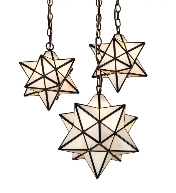Like wishing upon magical stars in the sky; grace the interior or exterior of your home with this timeless ceiling pendant. Dating back hundreds of years in Europe; these Stars were used to protect homes and bring good luck to families. This unique fixture features three Star-style White Glass shades; which are created with a dozen points of light. An Antique Copper finish complements the stunning shades; which are made using the famous Meyda Tiffany Brass Channel Construction technique. The ceiling fixture is ideal for illuminating stairways and entryways in fine residences; restaurants; and hotels. The overall height ranges from 19 to 54 inches; as the chain can be easily adjusted in the field. The Moravian Star Cascading Pendant is part of our American-designed; handcrafted Moravian Star Collection. The Moravian fixture is UL and cUL listed for use in damp and dry locations; and wet-rated options are available.