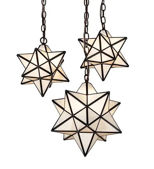 Like wishing upon magical stars in the sky; grace the interior or exterior of your home with this timeless ceiling pendant. Dating back hundreds of years in Europe; these Stars were used to protect homes and bring good luck to families. This unique fixture features three Star-style White Glass shades; which are created with a dozen points of light. An Antique Copper finish complements the stunning shades; which are made using the famous Meyda Tiffany Brass Channel Construction technique. The ceiling fixture is ideal for illuminating stairways and entryways in fine residences; restaurants; and hotels. The overall height ranges from 19 to 54 inches; as the chain can be easily adjusted in the field. The Moravian Star Cascading Pendant is part of our American-designed; handcrafted Moravian Star Collection. The Moravian fixture is UL and cUL listed for use in damp and dry locations; and wet-rated options are available. - alternate view