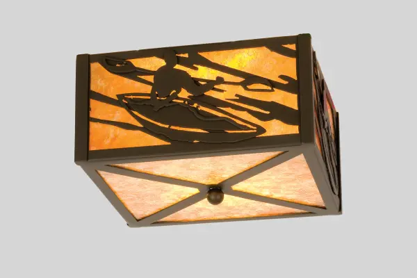A Kayaker on a scenic lake is depicted on this water sport inspired flushmount. The fixture is finished in Timeless Bronze; has Amber mica panels; and is handcrafted in the USA by Meyda artisans.