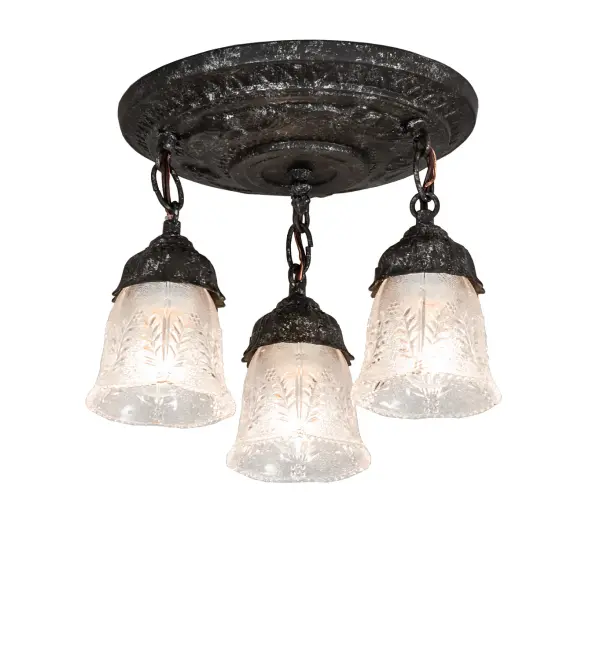 Let the charm and warmth of the past light up your home with this exquisite Summer Wheat ceiling fixture. The fixture is hand finished in Antique Pewter and sparkles from the light through three Summer Wheat patterned shades with Clear Textured Glass. The overall height of this fixture ranges from 9 to 35 inches as the chains can be easily adjusted in the field. The Summer Wheat Flushmount is included in our American made, American designed handcrafted Revival lighting collection. Manufactured in Yorkville, New York. UL and cUL listed for dry and damp locations. Collection: Summer Wheat Finish: Antique Pewter Glass: Clear Textured Width: 12.00" Height: 9.00" Length: 12.00" Weight: 7.50 lb Number of Bulbs: 3 Maximum Wattage: 60.00 W Bulb Type: A19 Bulb Base: E26 Material: Steel Country of Origin: USA Safety Rating: Damp
