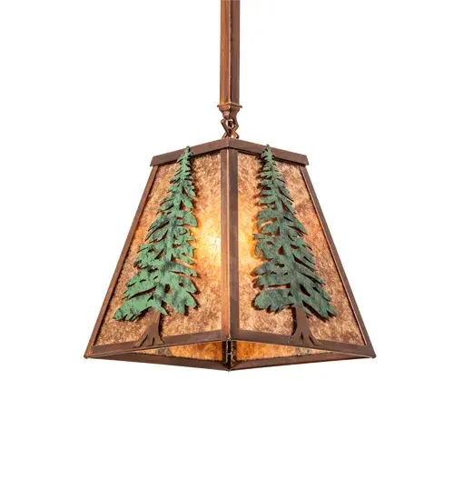 Like a guardian of the forest stretching towards the heavens; the noble Pine Tree metal burgeons with delicate Green Handpainted silhouettes on a radiating Amber Mica background. The Mission styled shade is enhanced with a Vintage Copper finish. This Nature-inspired pendant is Domestically Produced in the USA in our 180;000 sq ft manufacturing facility in Yorkville; NY. Customize shade colors; metal finishes and fixture sizes. UL and cUL listed for dry and damp locations. - alternate view