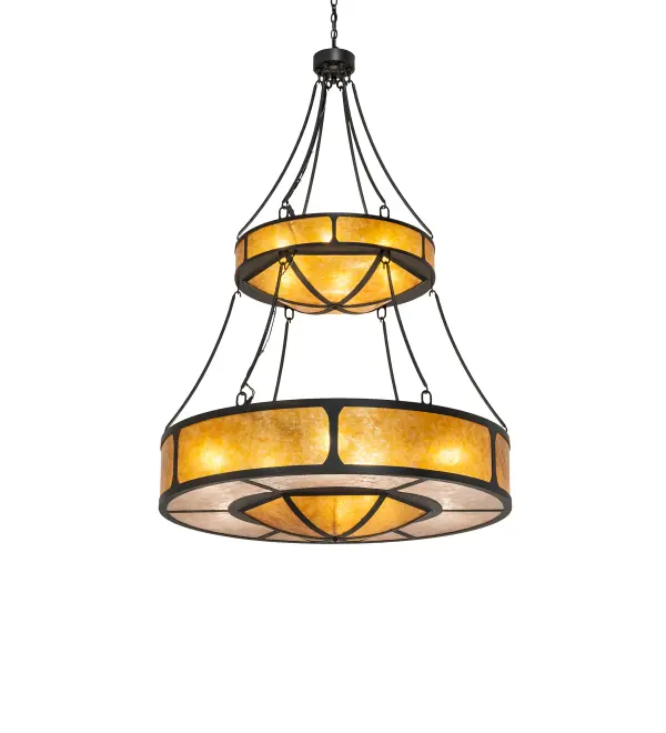 A stunning uniquely styled; two tiered ceiling pendant. Kleba features a combination of stunning flat and curvaceous panels of Silver Mica and Amber Mica. This mesmerizing ceiling fixture is enhanced with a Wrought Iron finish. Overall height ranges from 80 to 112 inches as the chain can be easily adjusted in the field. The Kleba Two Tier Pendant is featured in our American made; American designed; handcrafted Contemporary Rustic Lighting Collection. Manufactured in Yorkville; New York. UL and cUL listed for dry and damp locations.
