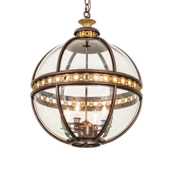 Every Meyda Tiffany item is a unique handcrafted work of art. Natural variations in the wide array of materials that we use to create each Meyda product make every item a masterpiece of its own. Photographs are a general representation of the product. Colors and designs will vary. Collection: Guilloche Finish: Mahogany Bronze/Gold Matte Glass: Clear Width: 21.00" Height: 30.00" Length: 21.00" Weight: 35.00 lb Number of Bulbs: 4 Maximum Wattage: 60.00 W Bulb Type: BA9 Bulb Base: E12 Material: Steel Country of Origin: USA Safety Rating: Damp
