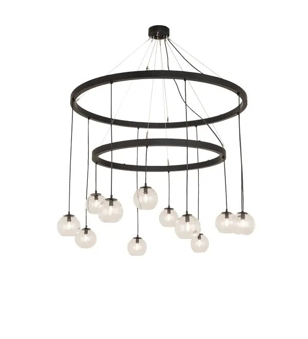 Innovation and imagination are integrated for a stunning decorative lighting look. A captivating illuminating design; this cascading chandelier displays 12 Clear Seeded Glass globes. The Bola orbs reveal customer-supplied Edison bulbs attached to hardware featured in a Solar Black finish. The chandelier is perfect for foyers; lobbies; and other spaces with tall ceilings. The Bola Chandelier is featured in our American-made; American-designed; handmade Modern Lighting Collection and manufactured in Yorkville; NY. UL & cUL listed for dry and damp locations.