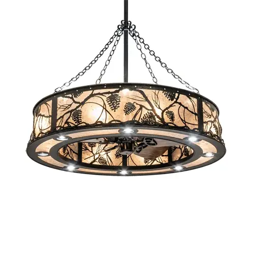 Listen closely. You can almost hear the soft whisper of pine branches as they dance in the wind. Innovation never looked so good with this unique lighting fixture that integrates ceiling fan technology. Enjoy beautiful light diffused through Silver Mica, while gentle breezes are produced by the ceiling fan spinning quietly in the center. A striking design of Pinecones and Pine Needles, along with the frame and hardware, are finished in Oil Rubbed Bronze. The fixture features eight inner lights for a decorative effect, as well as 8 downlights for task lighting and 8 uplights for ambient lighting. In summer, the fan pushes down a windchill that circulates to keep the space cool and comfortable. In winter, the fan is reversed to pull the room air up towards the ceiling and force the warm air back down into your space. The Whispering Pines Chandel-Air is featured in our American made, American designed handcrafted Chandel-Air Collection. Manufactured in Yorkville, New York. UL and cUL l Collection: Whispering Pines Finish: Matte Black Oiled Bronze//Dark Oak Blades Glass: Silver Mica Width: 45.00" Height: 60.00" Length: 45.00" Weight: 100.00 lb Number of Bulbs: 8 Maximum Wattage: 12.00 W Bulb Type: A19 Bulb Base: E26 Light Source: LED Material: Steel Country of Origin: USA Safety Rating: Damp LED - alternate view